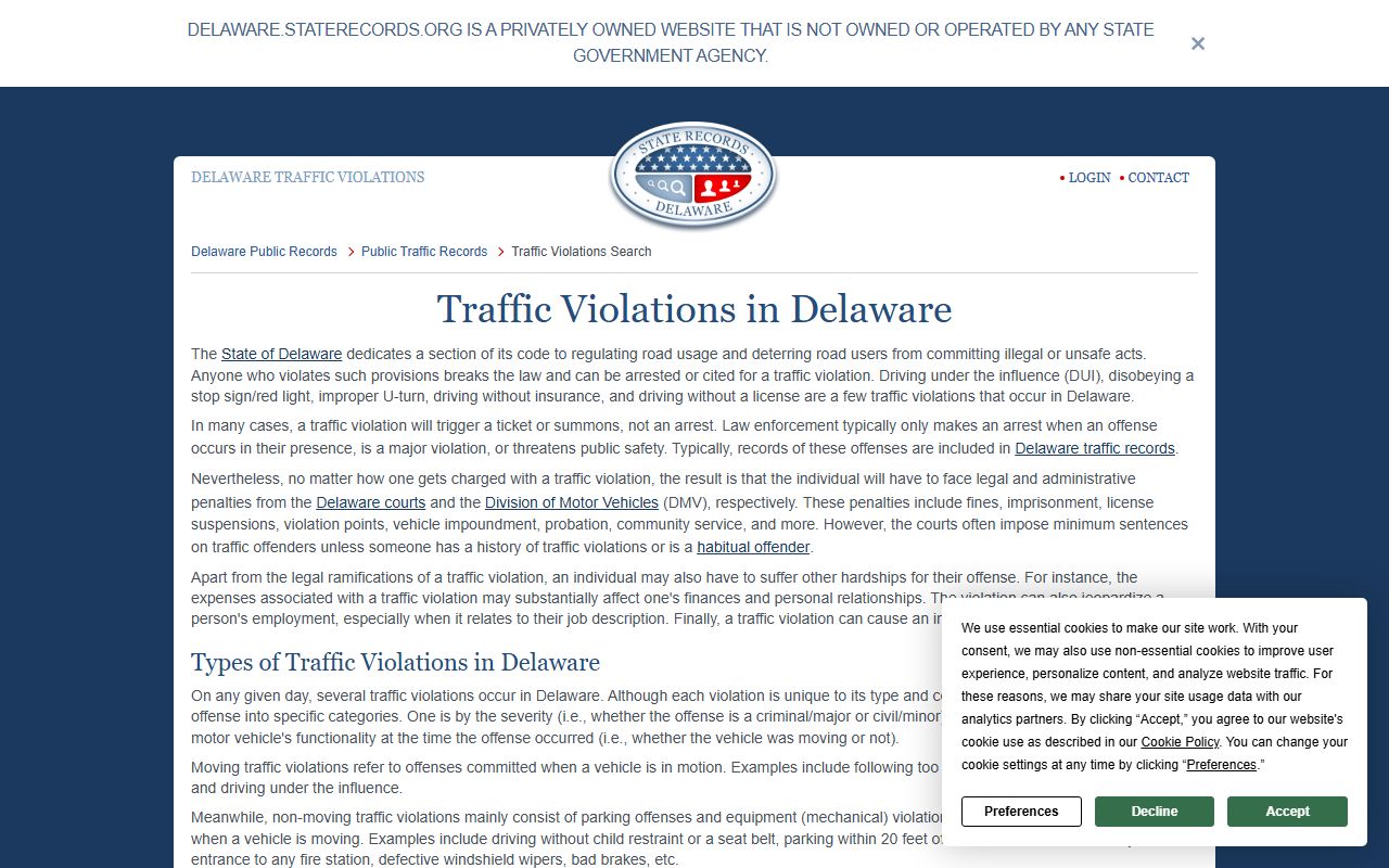 Delaware Traffic Ticket Records - Traffic Violation Classifications in Delaware